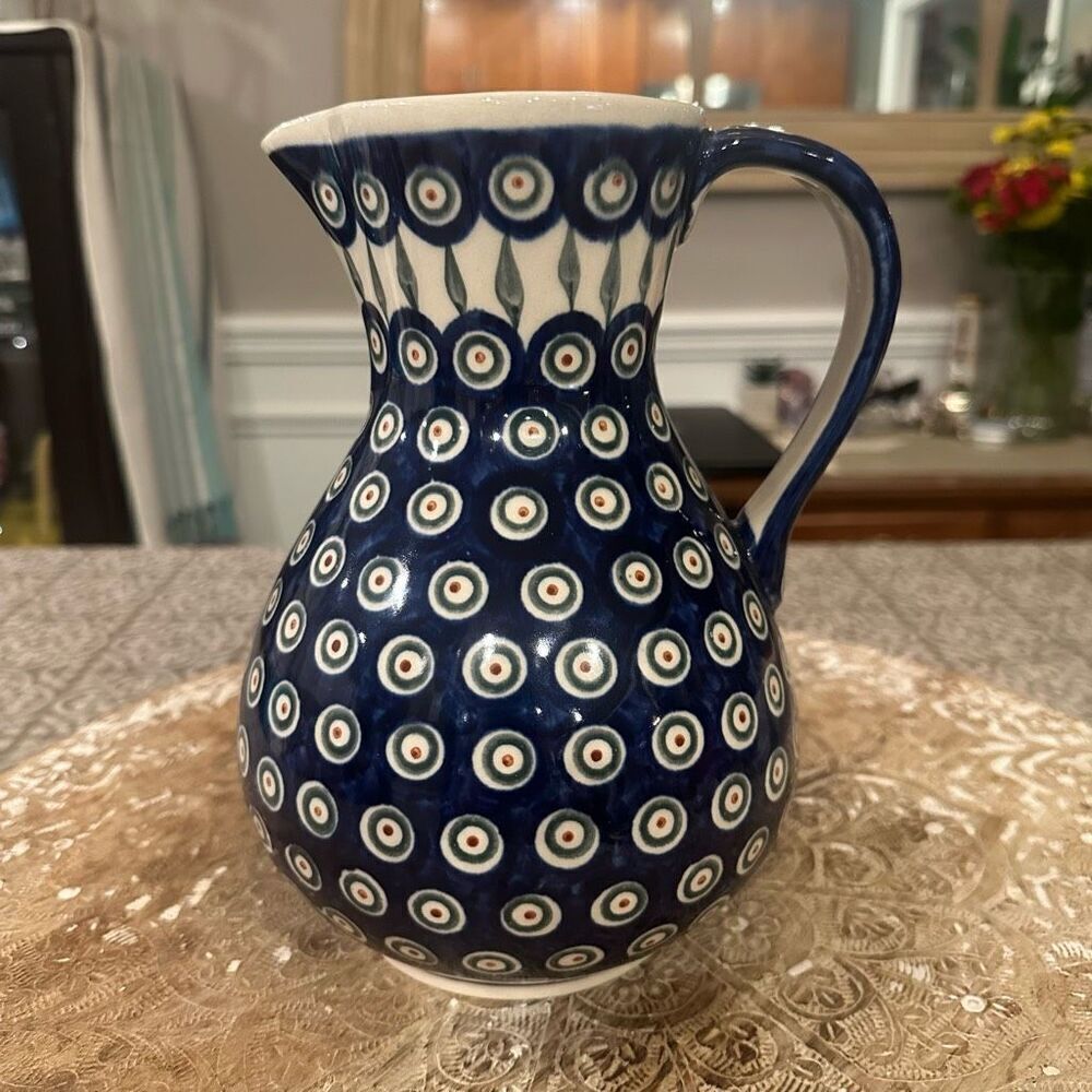 Boleslawiec Polish Pottery Pitcher Handmade Peacock Pattern‎ 9” Tall